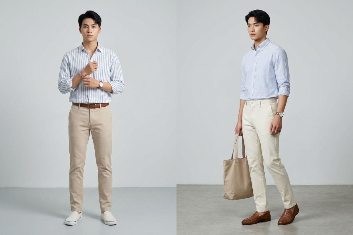 Kết hợp áo sơ mi sọc dọc mảnh và quần chino slim straight