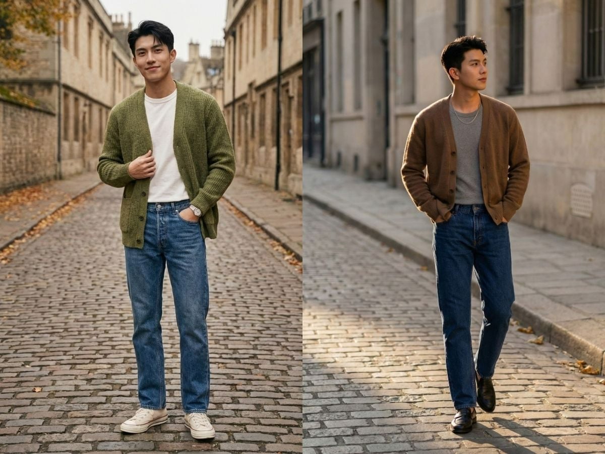 Phối jeans ống đứng với cardigan và áo thun mùa thu