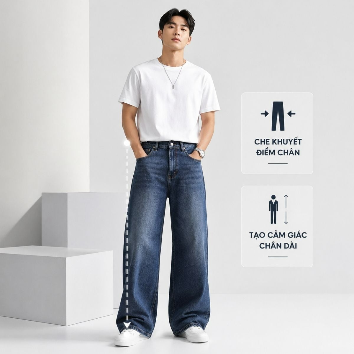 Quần jeans ống rộng giúp hack dáng tạo cảm giác dài chân
