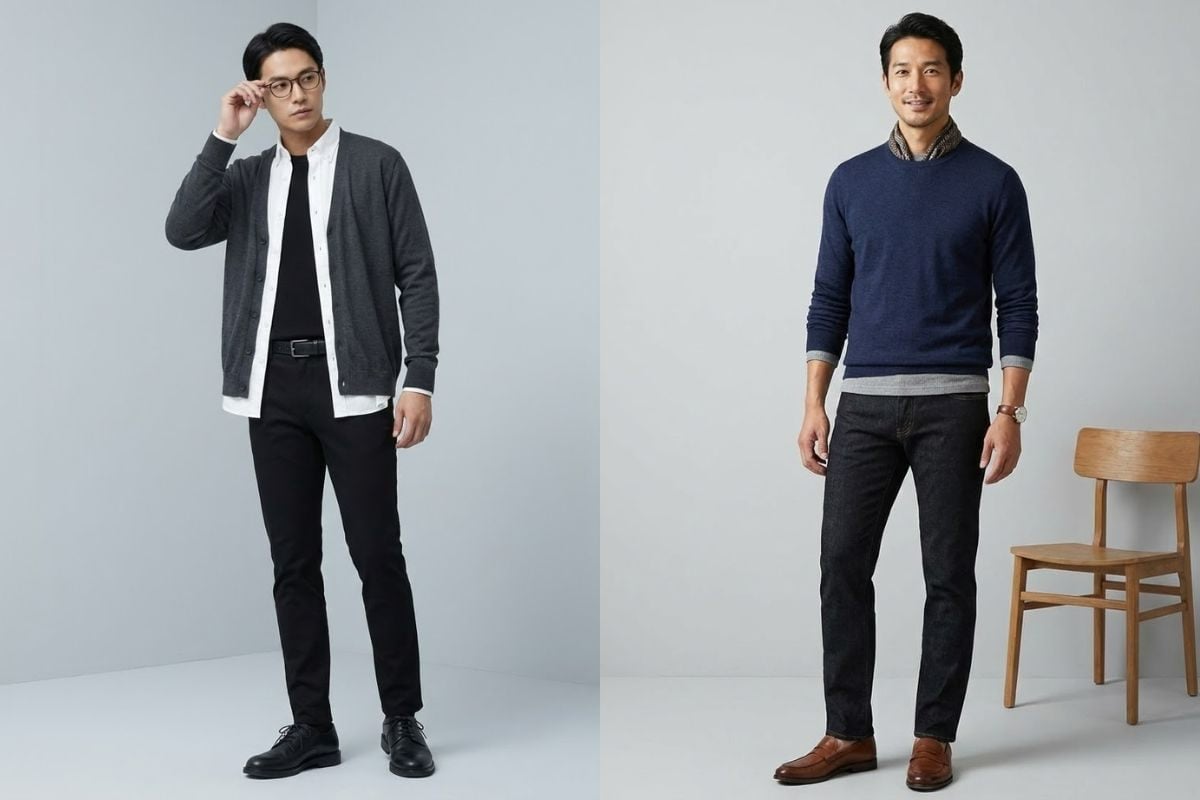 Áo giữ nhiệt ôm + sơ mi hoặc len mỏng + cardigan hoặc áo khoác mỏng