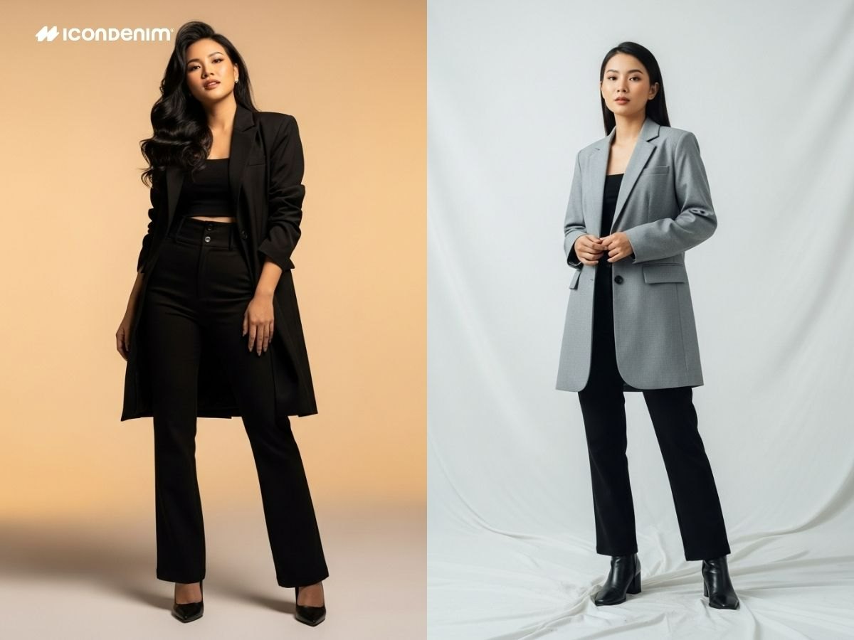 Outfit thanh lịch cùng blazer và quần ống loe đen