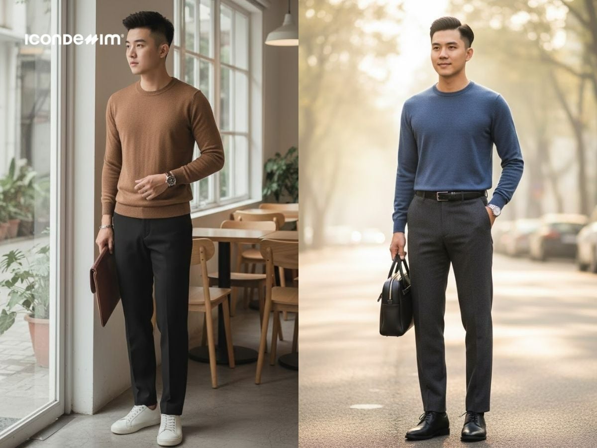 Áo len mỏng với quần tây là lựa chọn lịch sự khi đi chùa đầu năm