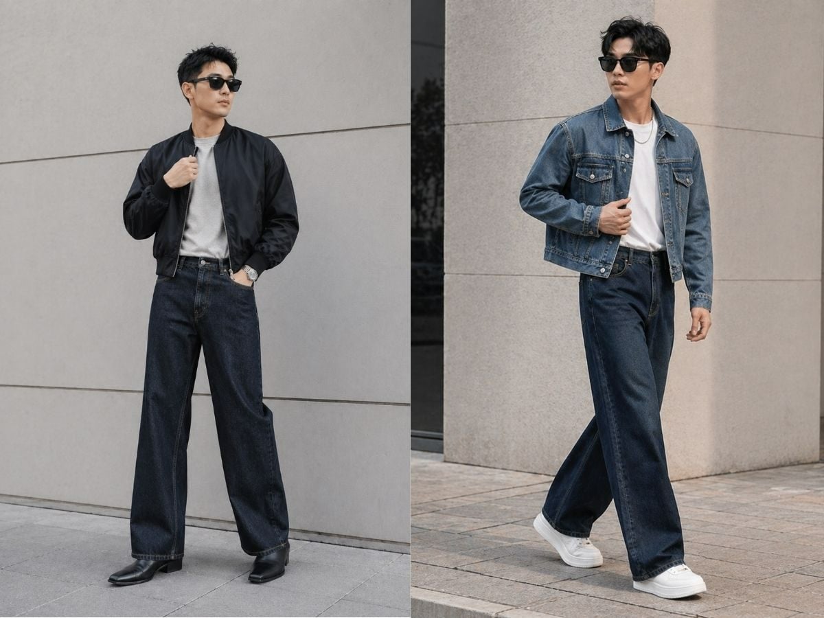 Chiều cao khiêm tốn mặc quần jeans ống rộng với áo khoác