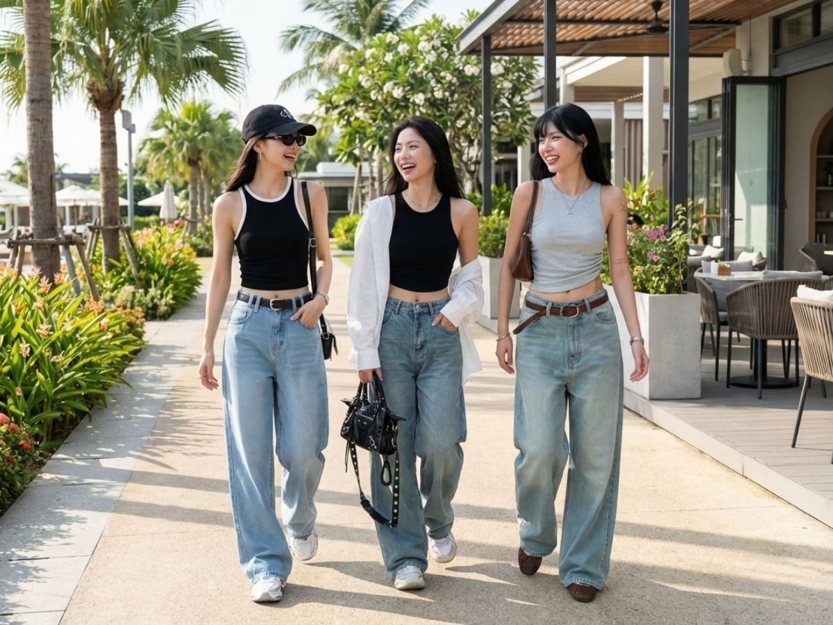 Tank top và jean ống rộng mang lại outfit hè gọn nhẹ, năng động