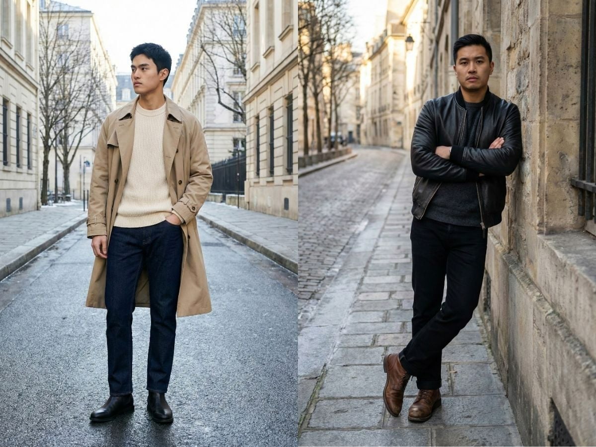 Jeans ống đứng mùa đông với áo len cổ tròn và boots