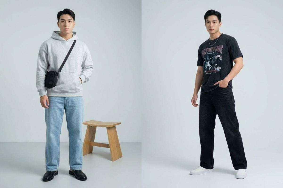 Giày slip on và mule phối với quần jean ống rộng nam