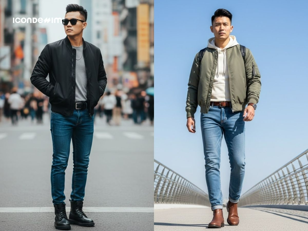 Phối áo bomber năng động với quần jeans đi chúc Tết