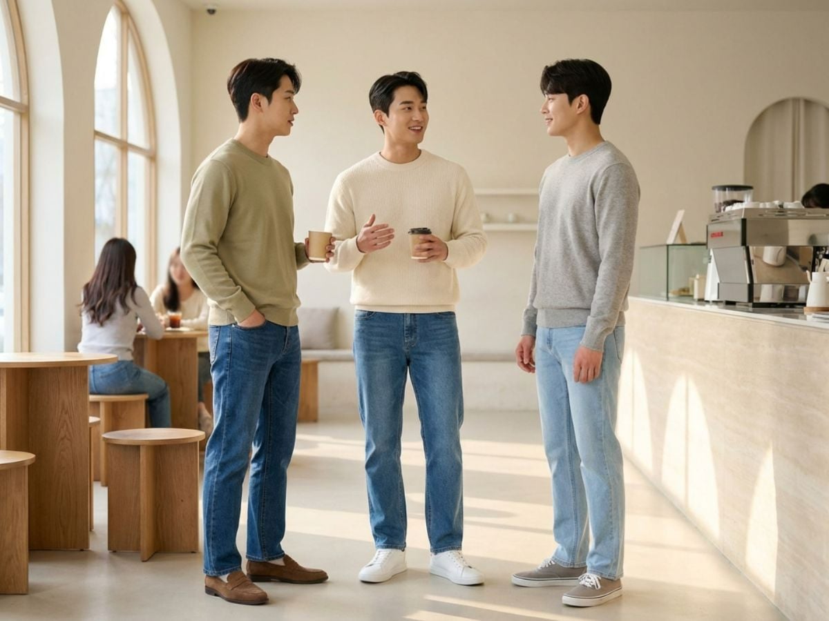 Quần jean ống suông phối áo len gọn gàng ấm áp