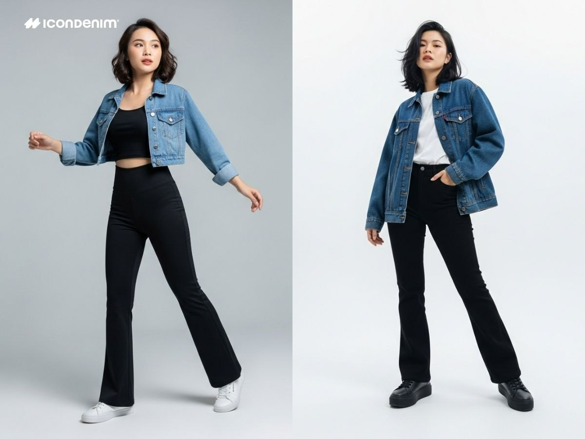 Outfit quần ống loe đen phối với áo thun basic