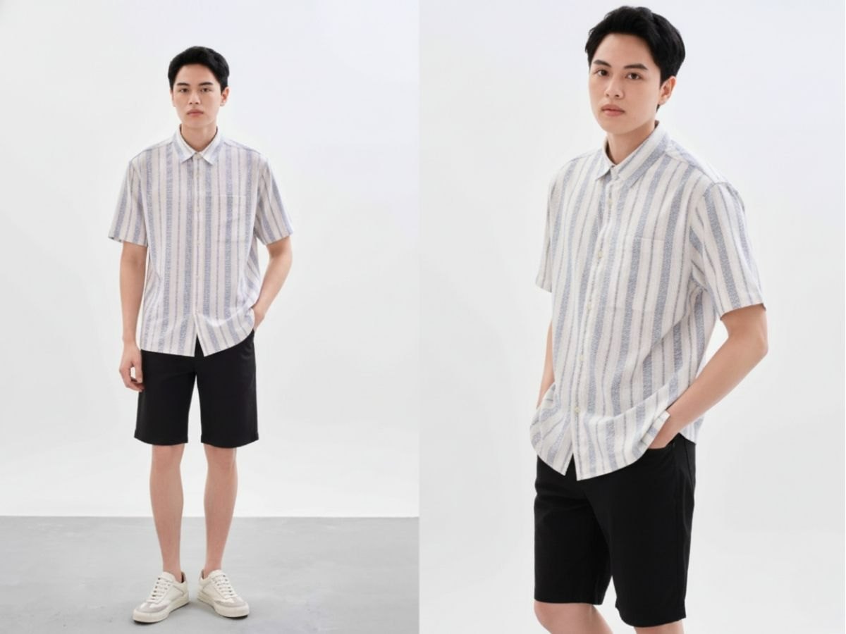 Áo sơ mi kẻ sọc phối quần short tối màu