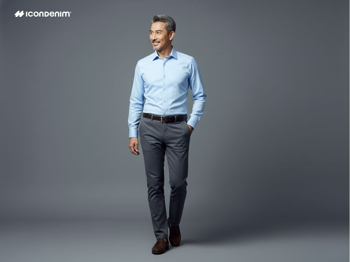 Bố mặc sơ mi trắng nano và quần tây xám đậm