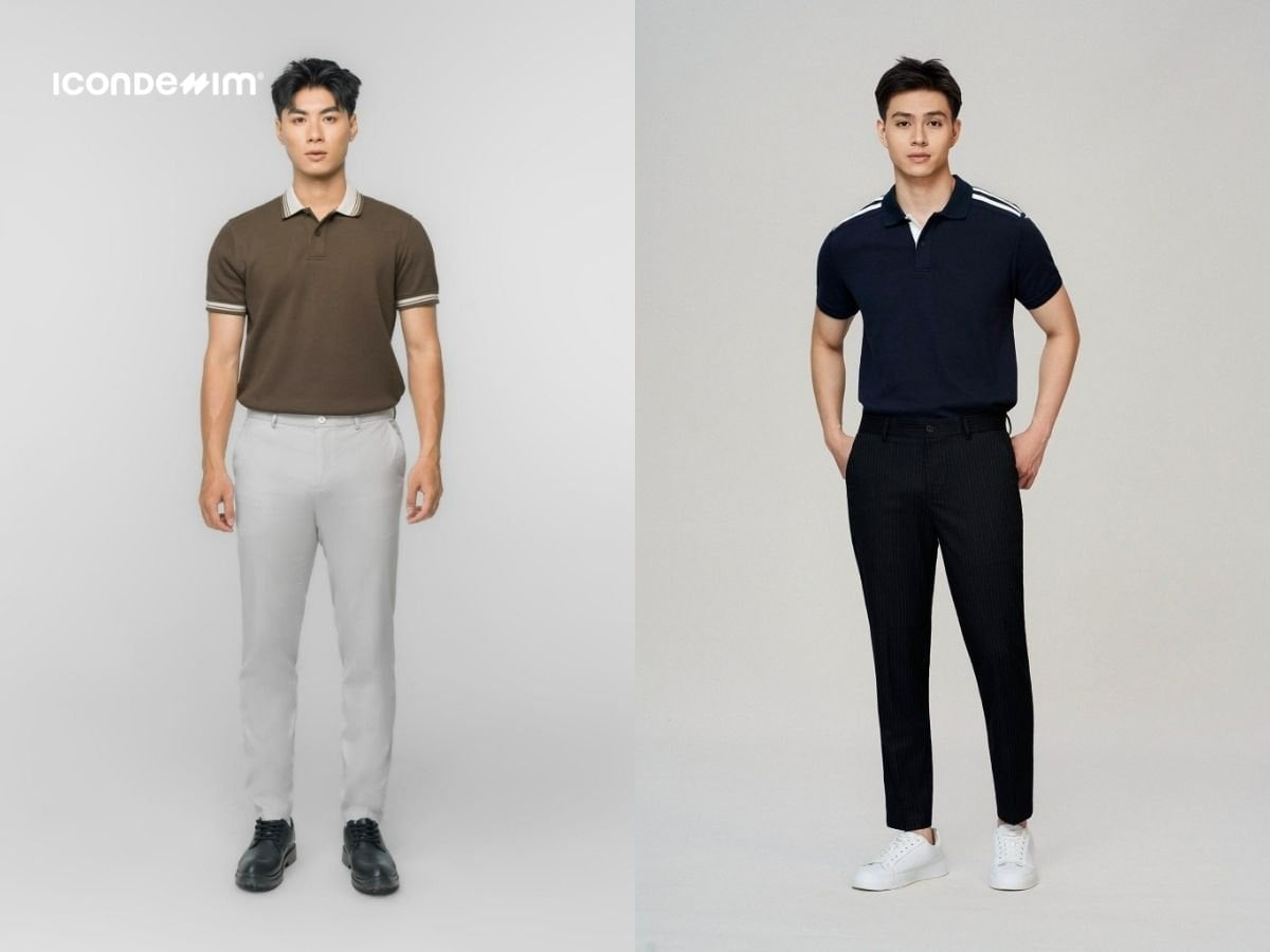 Phối áo polo trơn với quần tây suông nhẹ cho vẻ ngoài năng động