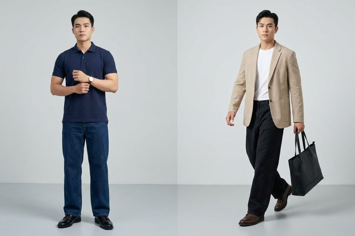 Giày da trơn phối với quần jean ống rộng nam