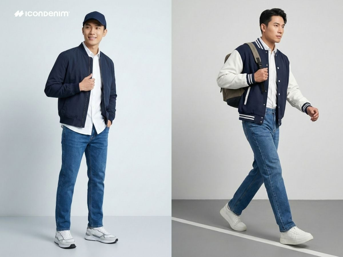 Phối đồ áo khoác bomber, varsity và quần jeans, áo sơ mi trắng