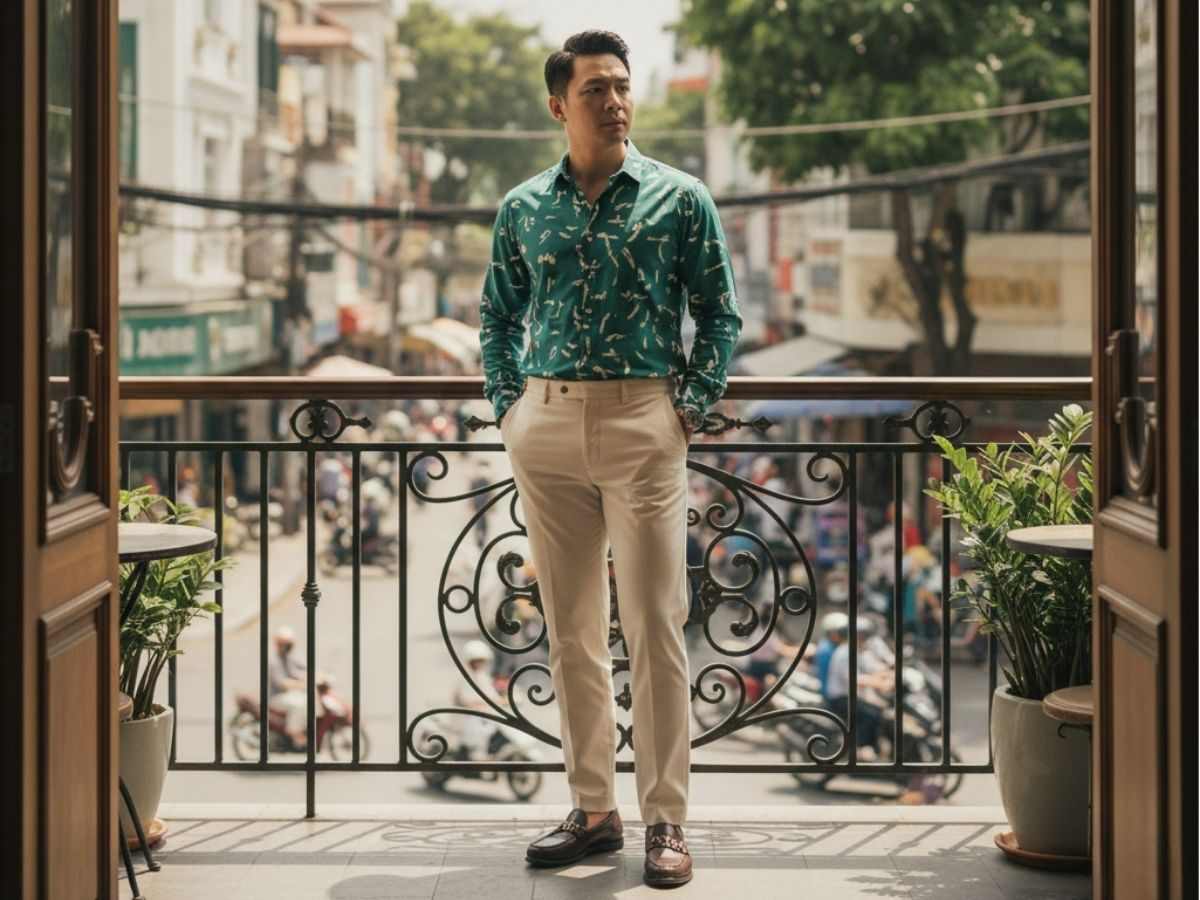 Nam mặc sơ mi họa tiết retro, quần ống đứng xám và giày loafer nâu