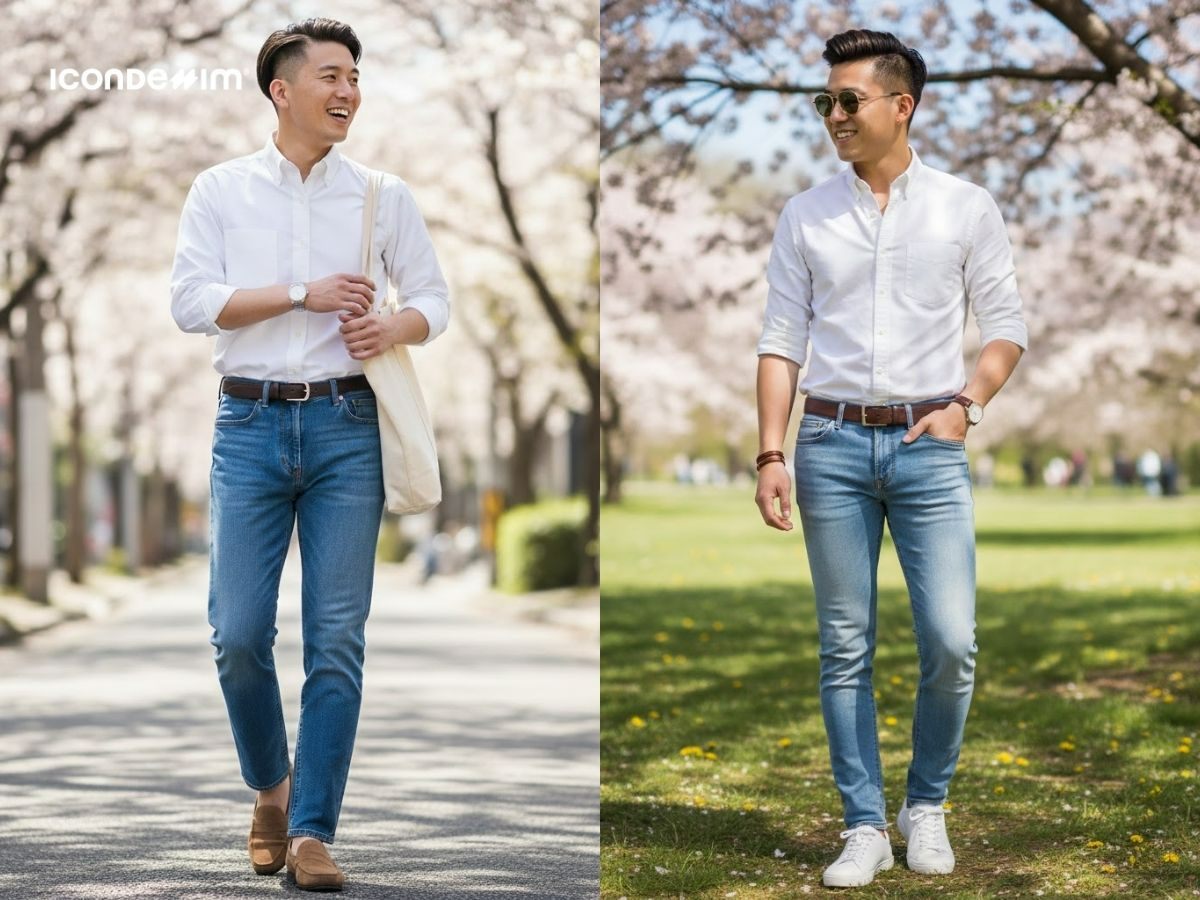Lựa chọn trang phục mùa xuân với sơ mi trắng Oxford và quần Jeans