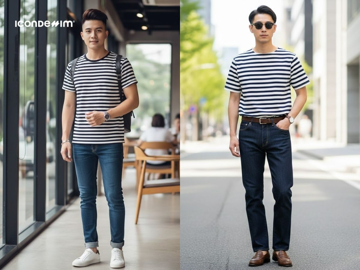 Áo thun kẻ sọc và quần jeans xanh đậm là outfit mùa xuân tối giản