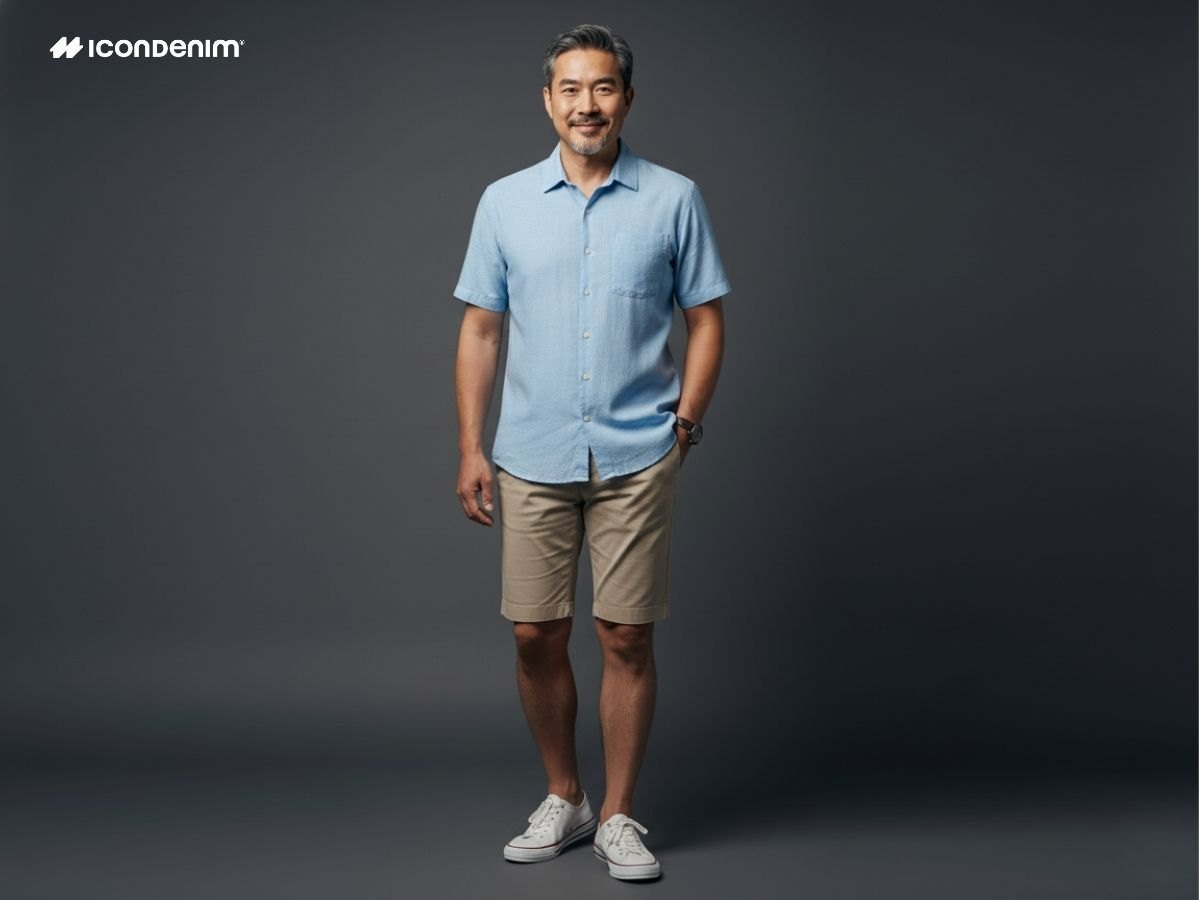 Bố mặc sơ mi tay ngắn xanh pastel với short chinos màu cát