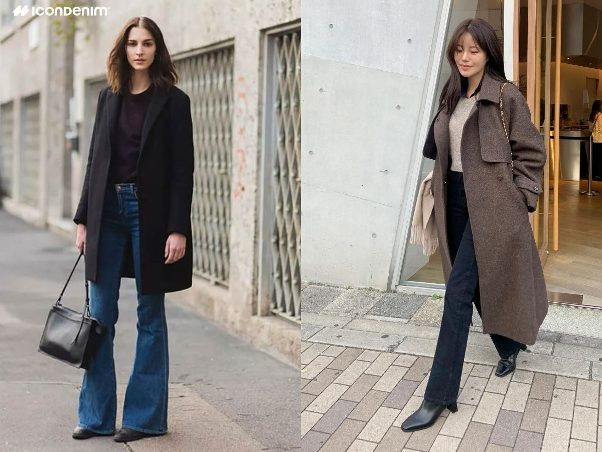 Trench coat dài qua gối với quần jeans ống loe và boots