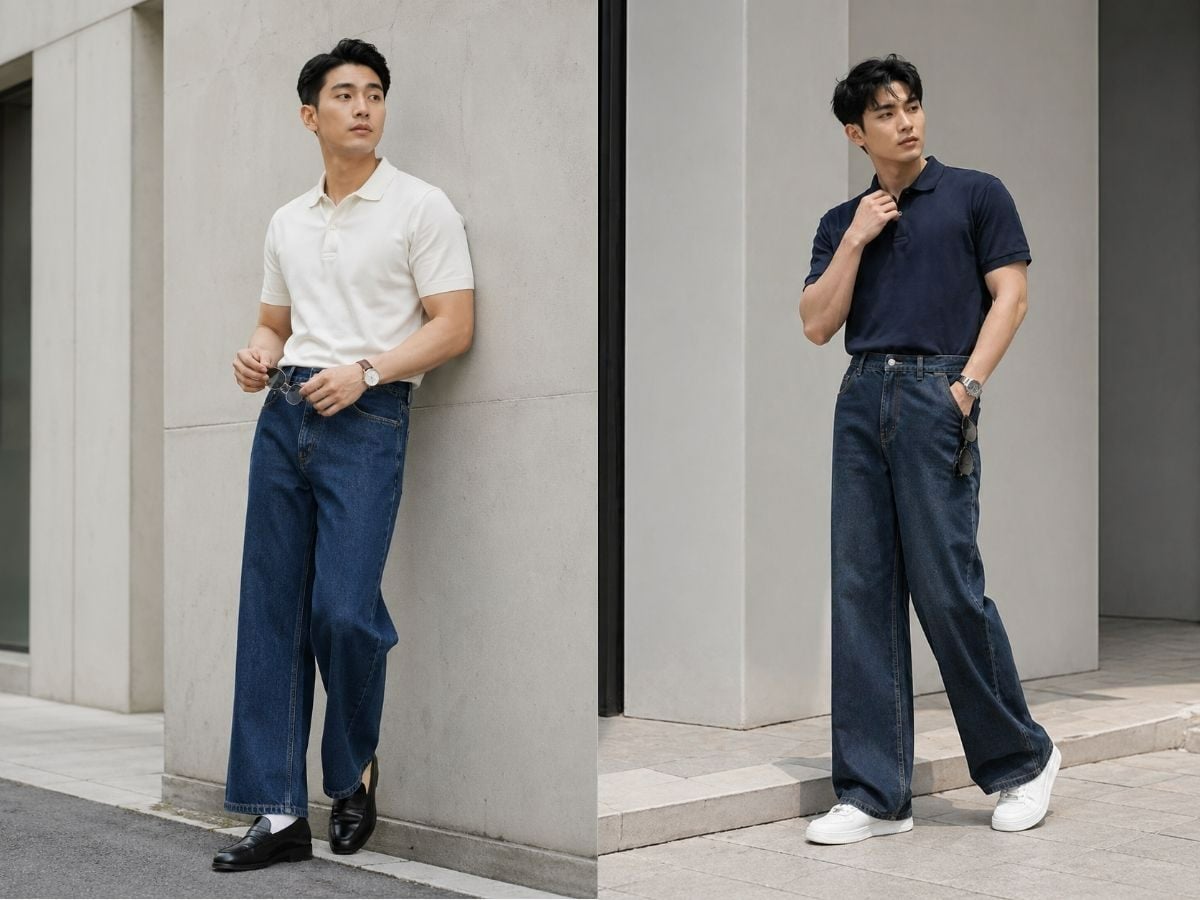 Vẻ ngoài lịch lãm với quần jeans ống rộng và áo polo