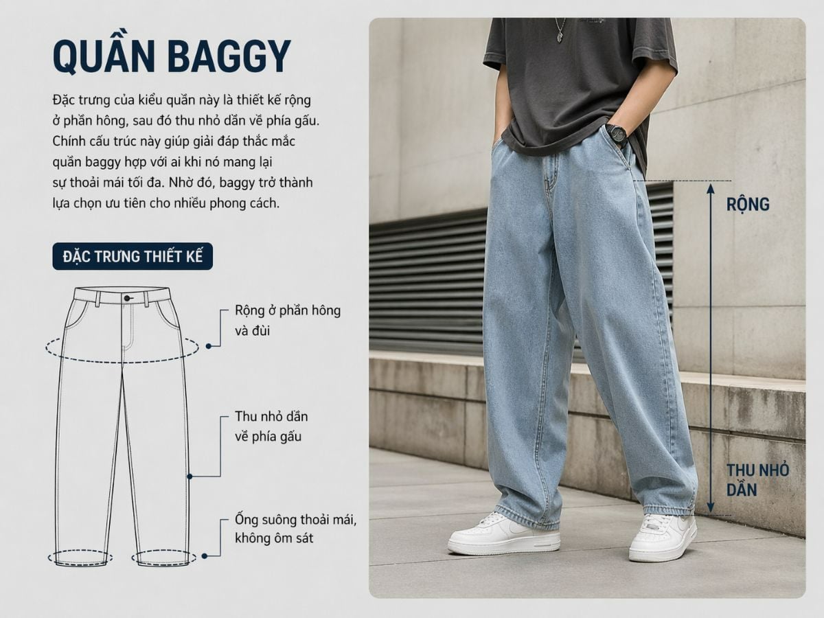 Quần baggy có thiết kế rộng ở phần hông, sau đó thu nhỏ dần về phía gấu