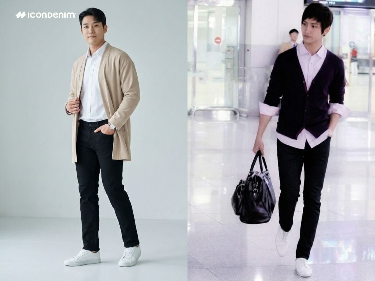 Quần jean đen, áo sơ mi trắng và cardigan dài