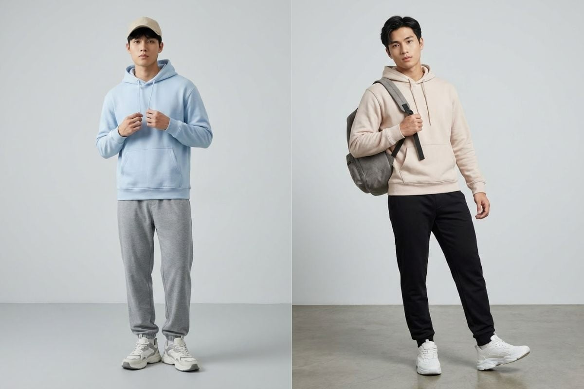 Hoodie pastel, quần jogger ống suông và sneaker chunky