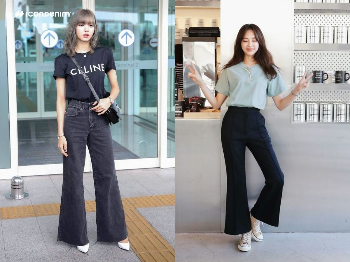 Outfit quần ống loe đen phối với áo thun basic