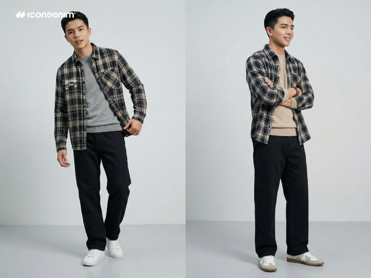 Quần ống rộng đen phối áo sơ mi flannel