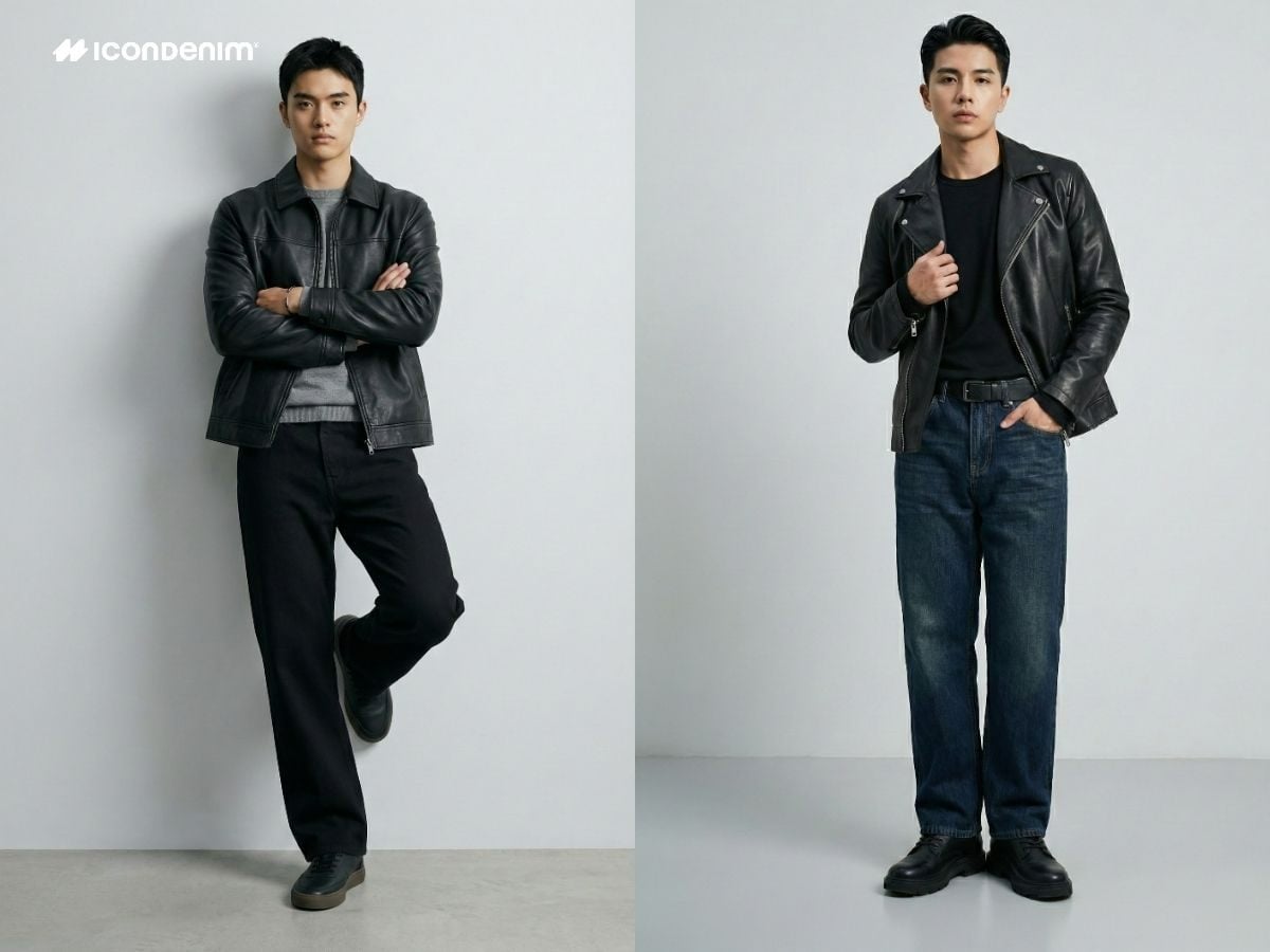 Quần ống rộng và áo khoác da mùa đông