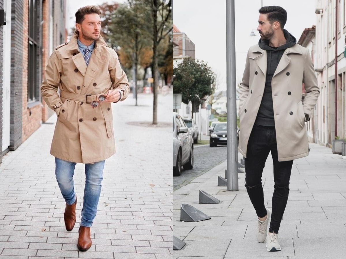 Quần jean tối màu với trench coat và áo thun