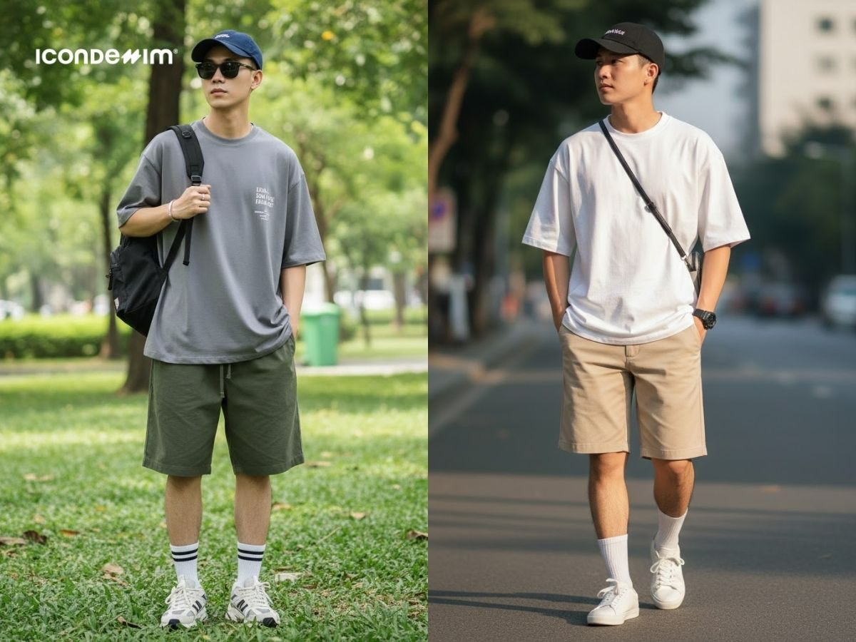 Thoải mái dạo phố xuân với áo thun oversize và short kaki