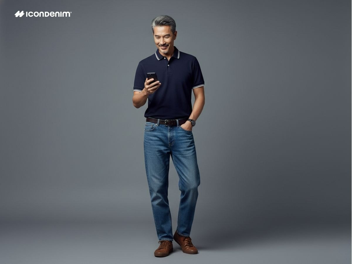 Bố diện polo viền cổ xanh navy phối jean ống suông xanh tối