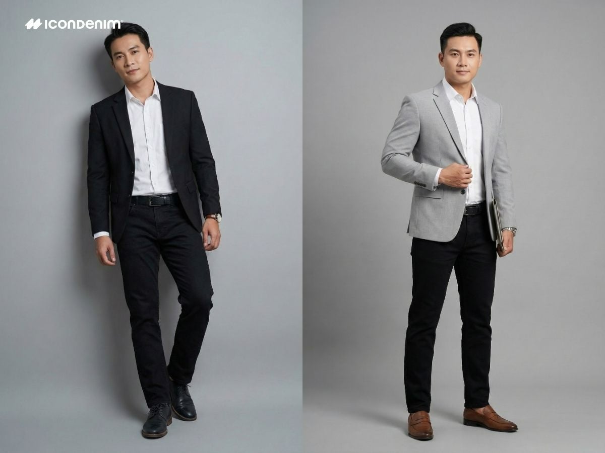 Áo sơ mi trắng, quần jeans, áo blazer phong cách smart casual