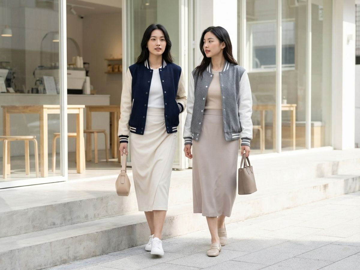 Áo bóng chày phối váy midi mềm mại