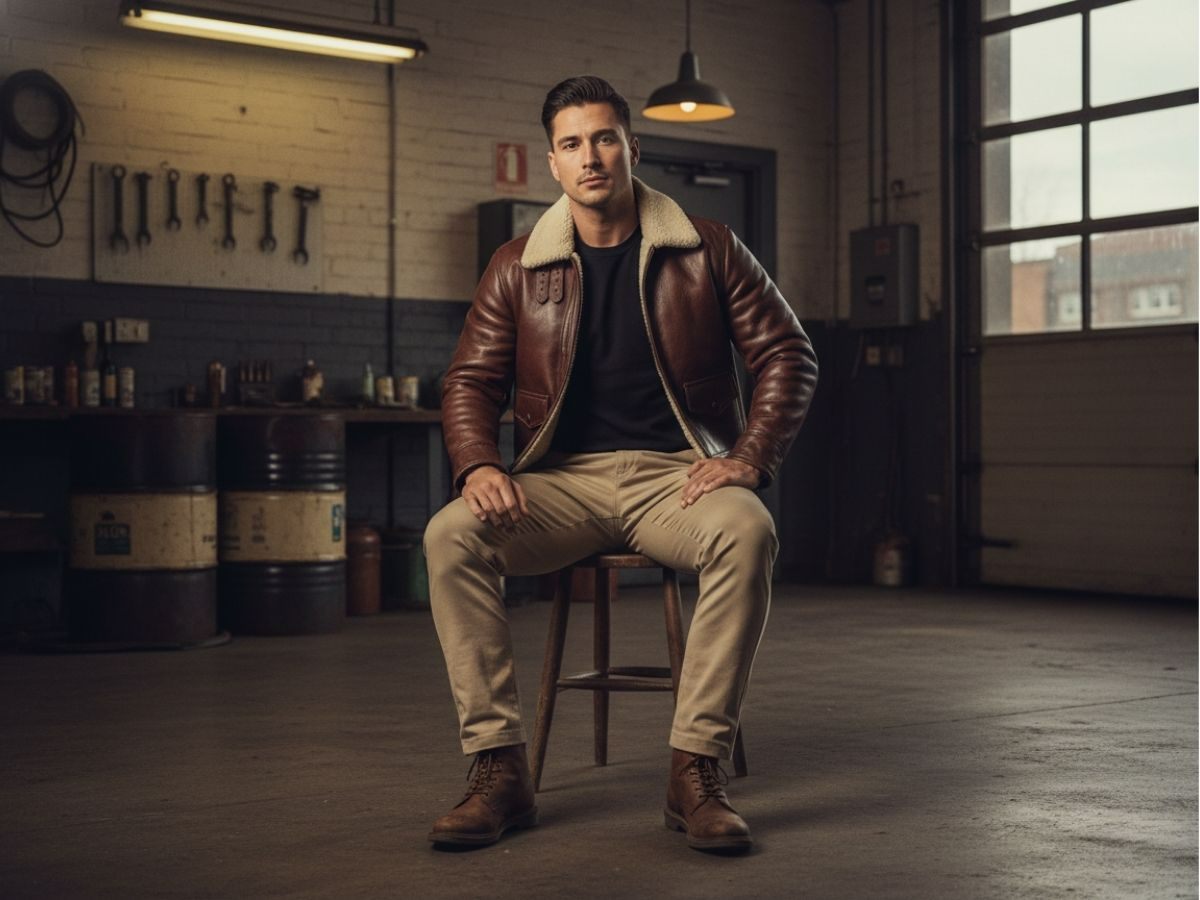 Áo khoác da nâu lịch lãm và quần kaki