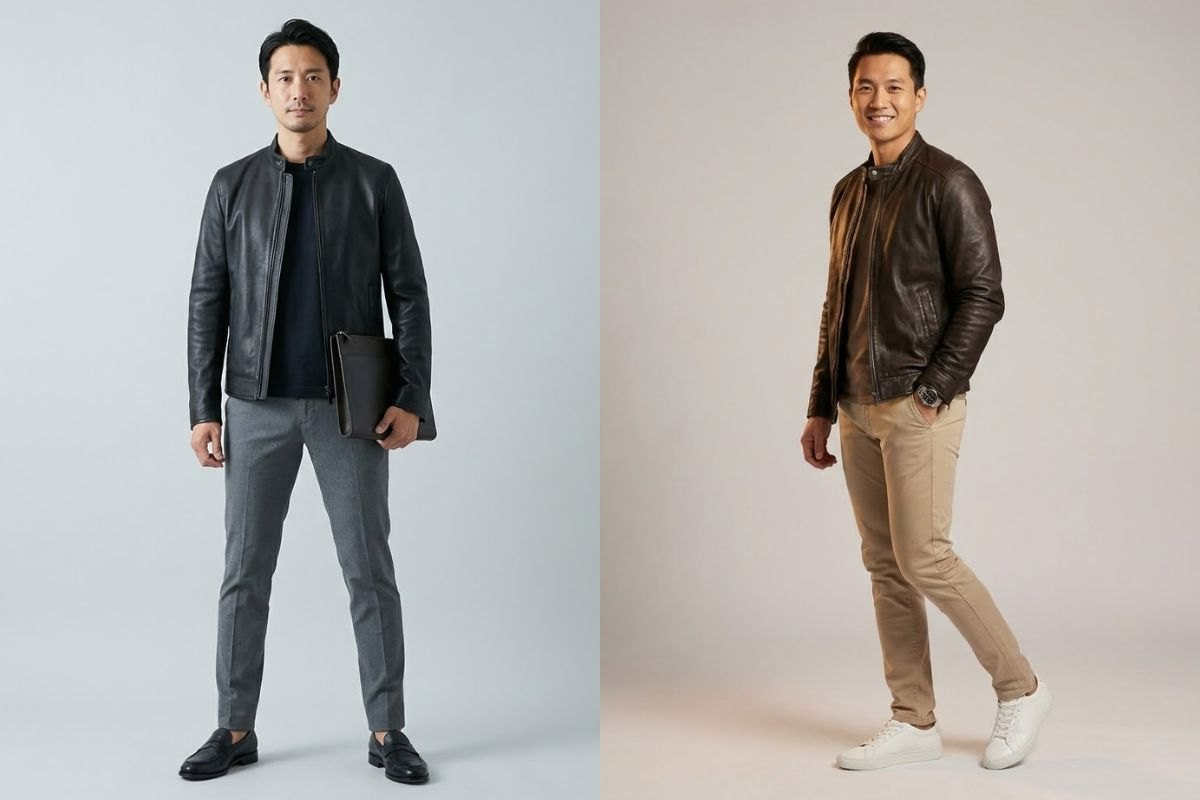 Áo khoác da đi cùng quần tây, chinos và áo thun