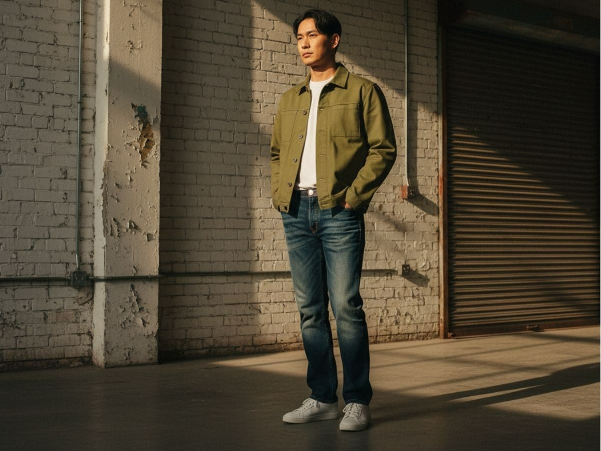 Phối đồ workwear với áo khoác kaki và quần jeans ống suông