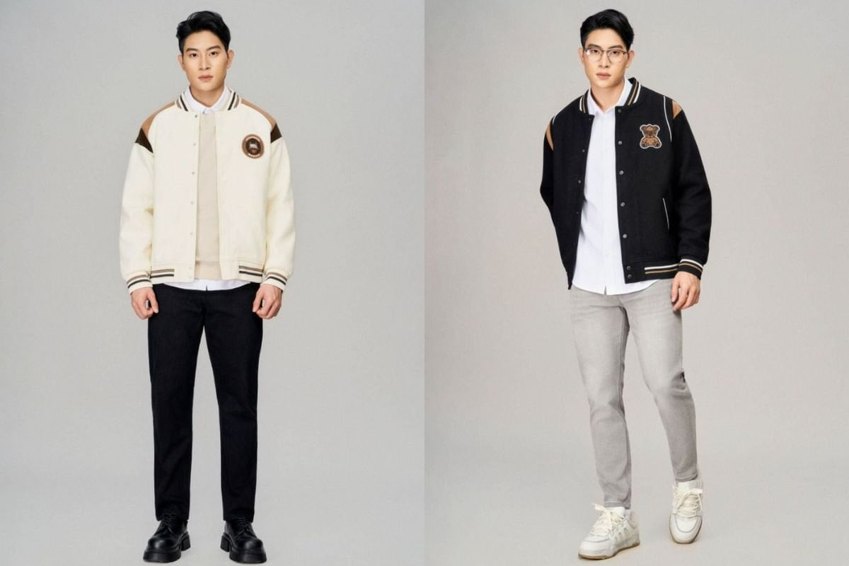 Quần jean với áo khoác varsity và áo thun bên trong