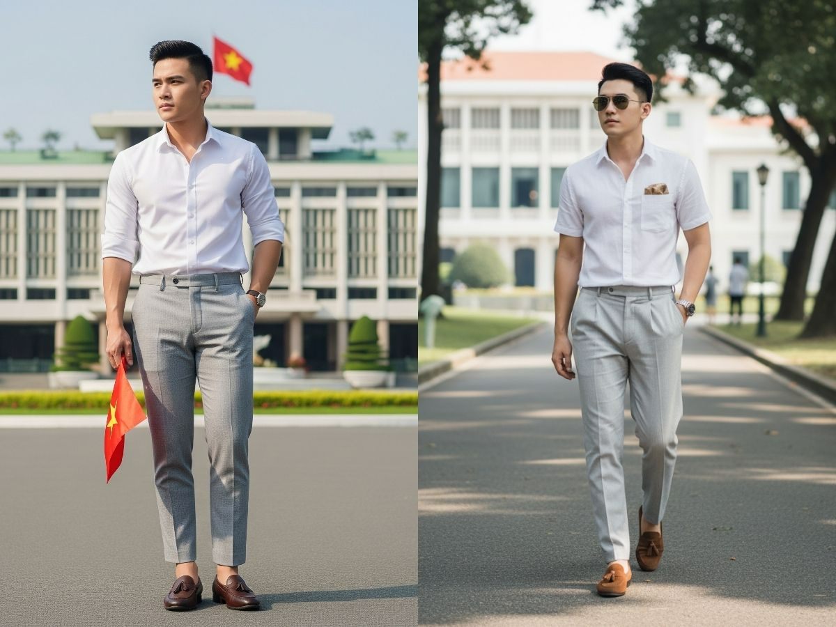 Áo sơ mi trắng và chinos màu xám