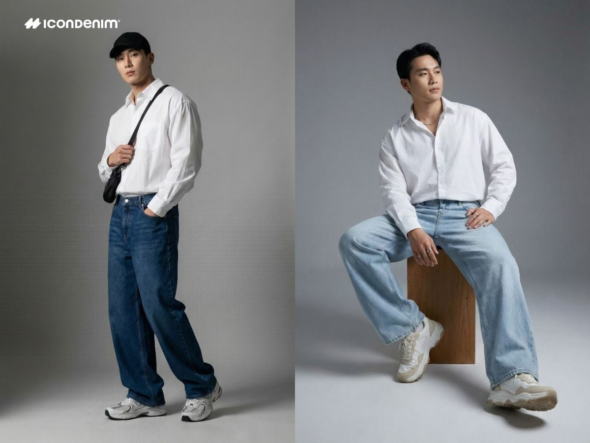 Áo sơ mi trắng và quần jeans ống rộng