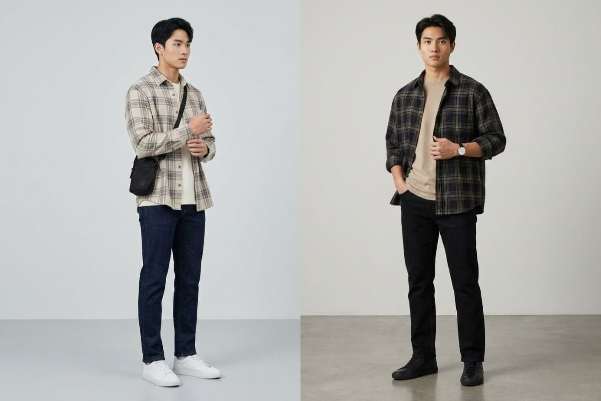 Mix and match sơ mi oversize kẻ caro, áo thun trơn và quần jean tối màu