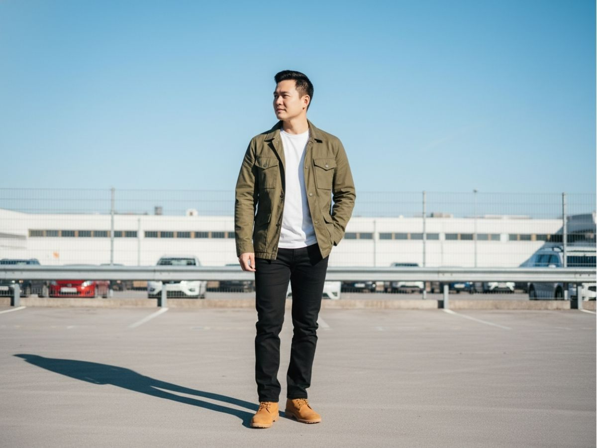 Nam mặc field jacket xanh olive, quần jeans đen và boots suede nâu