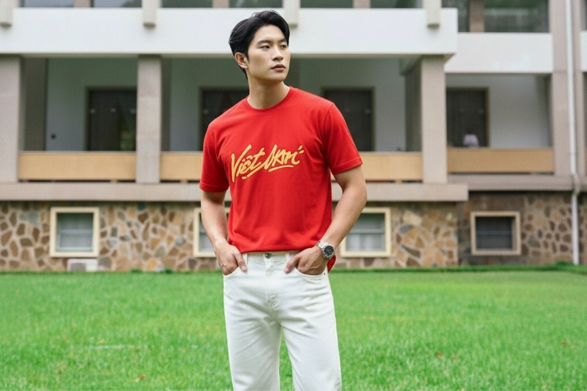 Công thức đi lễ siêu nổi bật với áo thun đỏ và quần jeans trắng