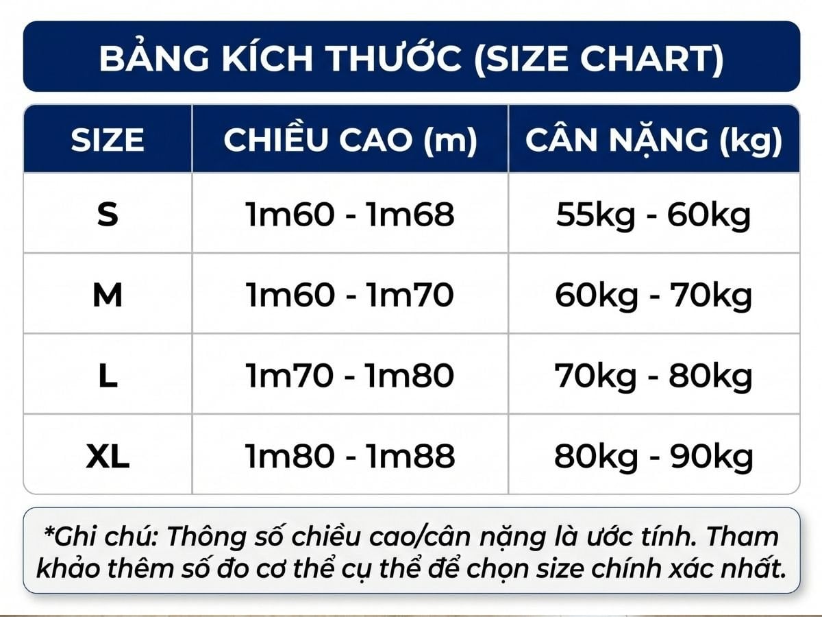 Bảng size L ICONDENM theo cân nặng chiều cao