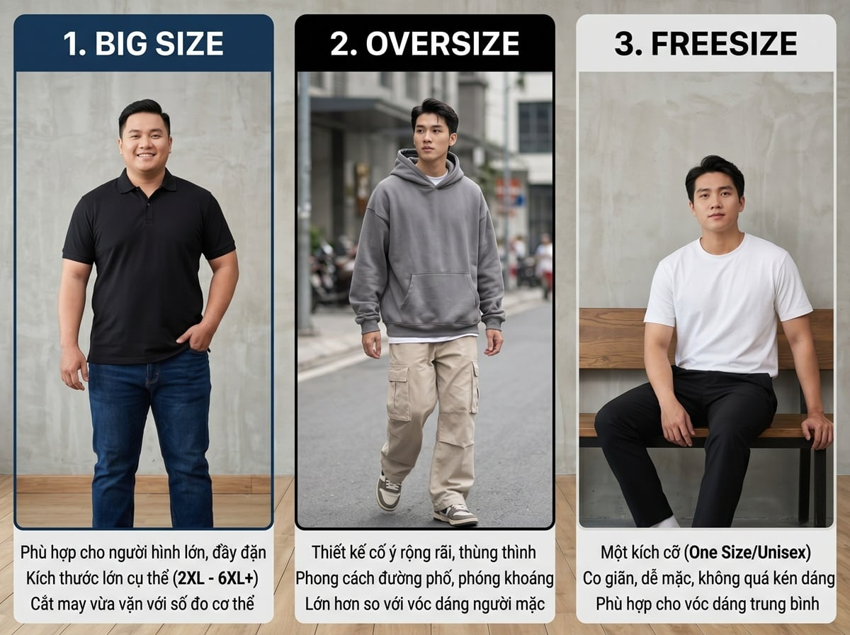 So sánh giữa big size, oversize và freesize