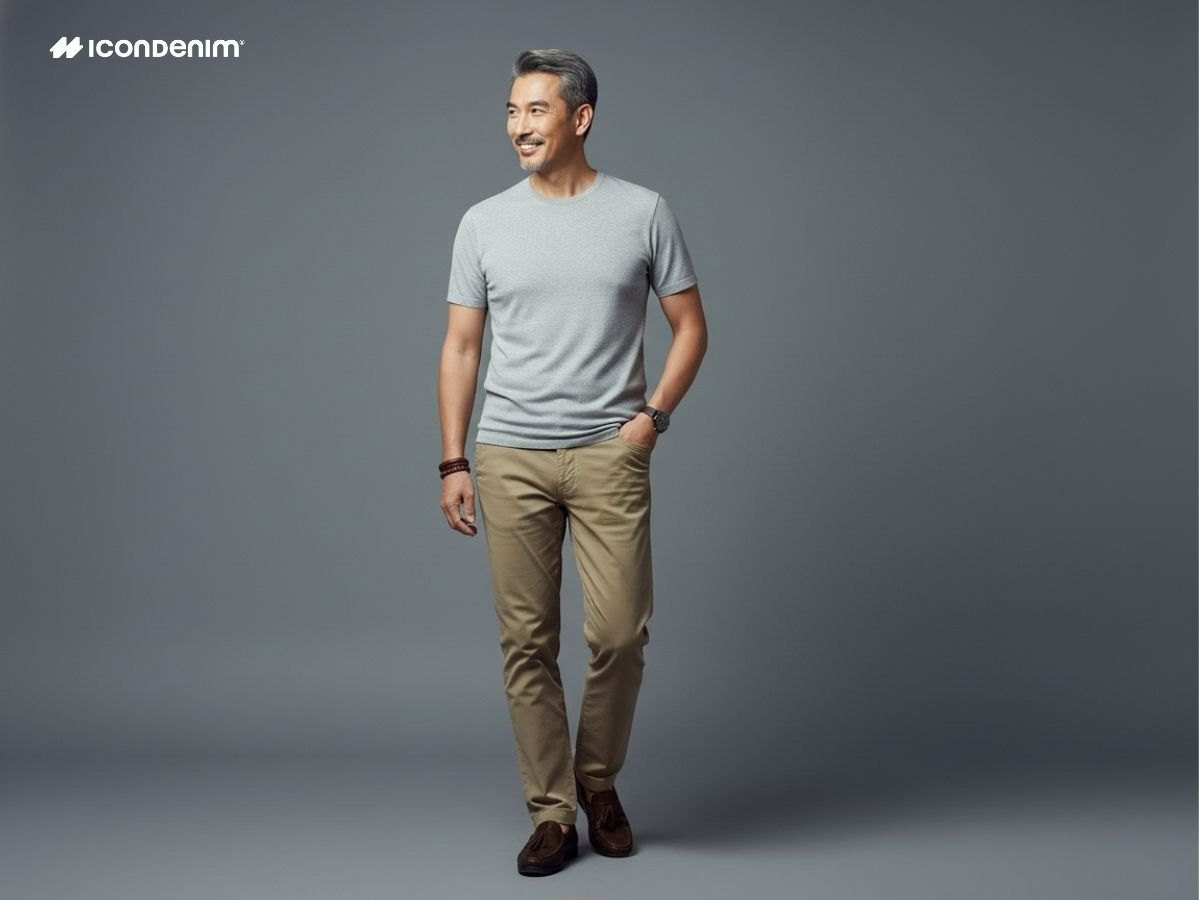 Bố mặc tee pique xám phối chinos