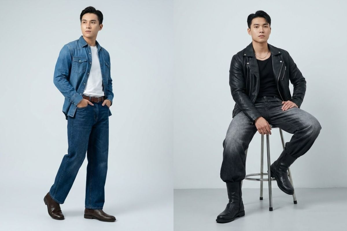 Giày boots phối với quần jean ống rộng nam