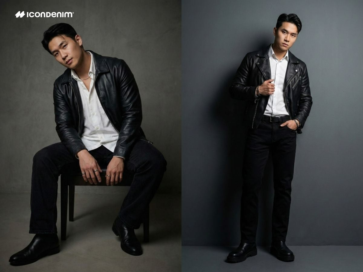 Outfit bụi bặm với áo khoác da, quần jeans đen và áo sơ mi trắng