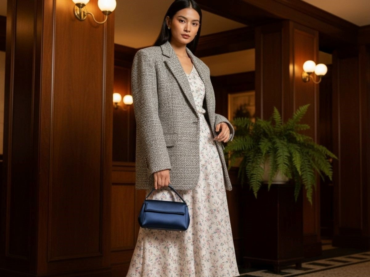 Phong cách retro nữ với váy hoa nhí và blazer